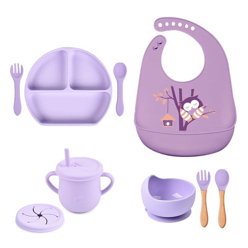 Kit 8 Pçs, Conjunto De Refeição Em Silicone Para Bebê, Prato com Ventosa, 100% Silicone, Babador Com Estampa kit prato de silicone ciano-beb-323 VF Villa Kids Pássaro 