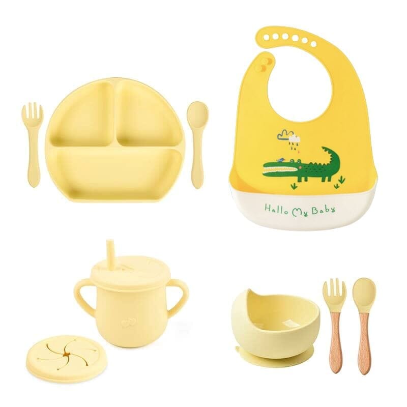 Kit 8 Pçs, Conjunto De Refeição Em Silicone Para Bebê, Prato com Ventosa, 100% Silicone, Babador Com Estampa kit prato de silicone ciano-beb-323 VF Villa Kids Crocodilo 