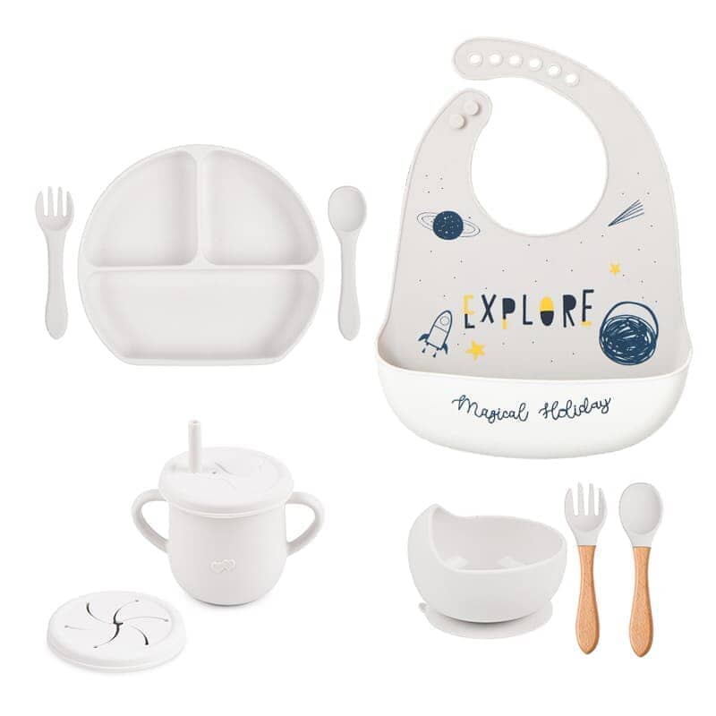 Kit 8 Pçs, Conjunto De Refeição Em Silicone Para Bebê, Prato com Ventosa, 100% Silicone, Babador Com Estampa kit prato de silicone ciano-beb-323 VF Villa Kids 