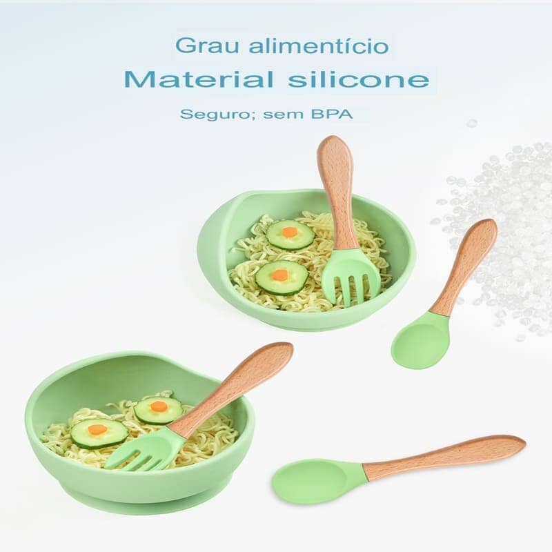 Kit 8 Pçs, Conjunto De Refeição Em Silicone Para Bebê, Prato com Ventosa, 100% Silicone, Babador Com Estampa kit prato de silicone ciano-beb-323 VF Villa Kids 