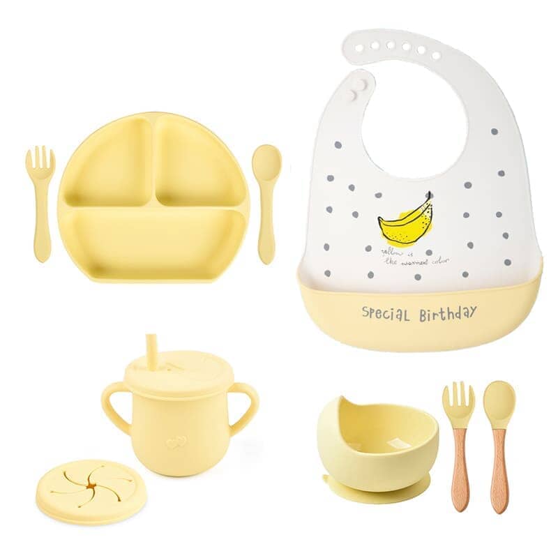 Kit 8 Pçs, Conjunto De Refeição Em Silicone Para Bebê, Prato com Ventosa, 100% Silicone, Babador Com Estampa kit prato de silicone ciano-beb-323 VF Villa Kids Banana 