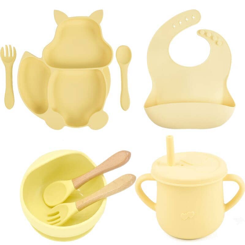 Kit 8 Pcs, Prato Formato Esquilo Com Ventosa, Babador, Conjunto Alimentação Para Bebê kit prato de silicone rosa-beb-322 VF Villa Kids 