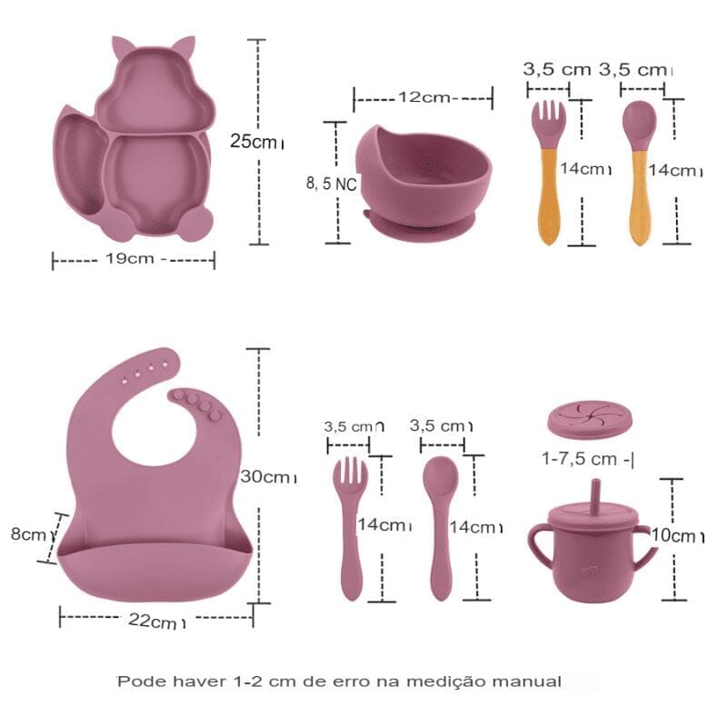 Kit 8 Pcs, Prato Formato Esquilo Com Ventosa, Babador, Conjunto Alimentação Para Bebê kit prato de silicone rosa-beb-322 VF Villa Kids 