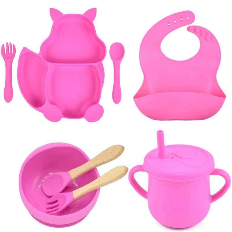 Kit 8 Pcs, Prato Formato Esquilo Com Ventosa, Babador, Conjunto Alimentação Para Bebê kit prato de silicone rosa-beb-322 VF Villa Kids 