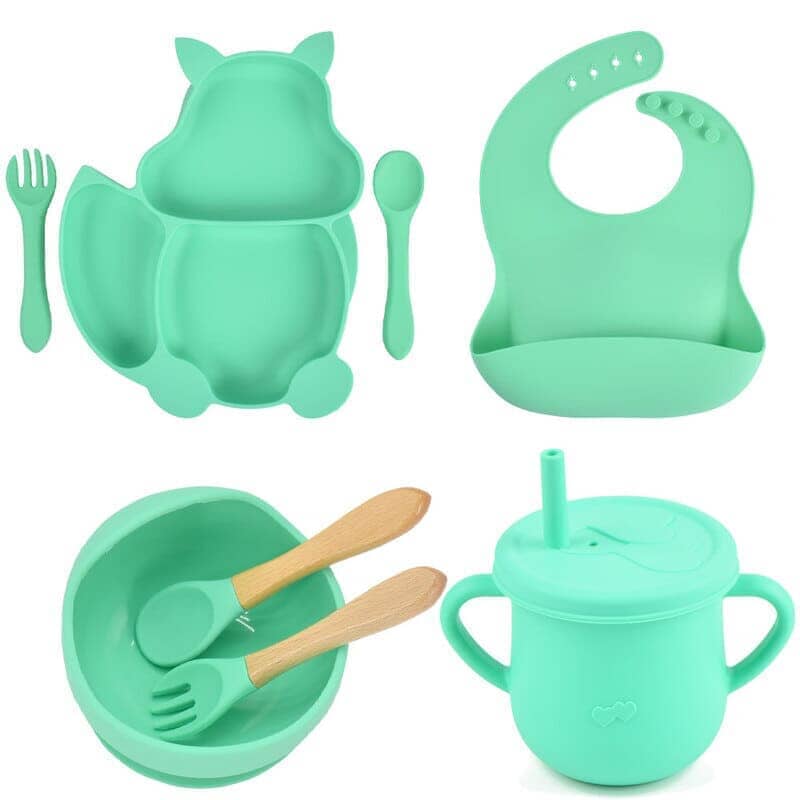 Kit 8 Pcs, Prato Formato Esquilo Com Ventosa, Babador, Conjunto Alimentação Para Bebê kit prato de silicone rosa-beb-322 VF Villa Kids Verde 